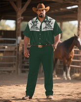 Western Denim-Men's Plus Size Green Western Cat Symmetrical Print Short Sleeve Shirt Trousers Suit